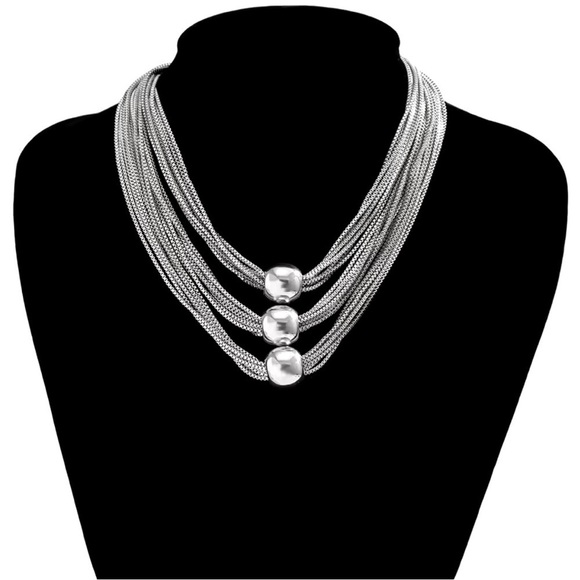 18K White Gold Plated Chunky Thick Layered Chain W/ Exaggerated Beads Necklace - Picture 5 of 7